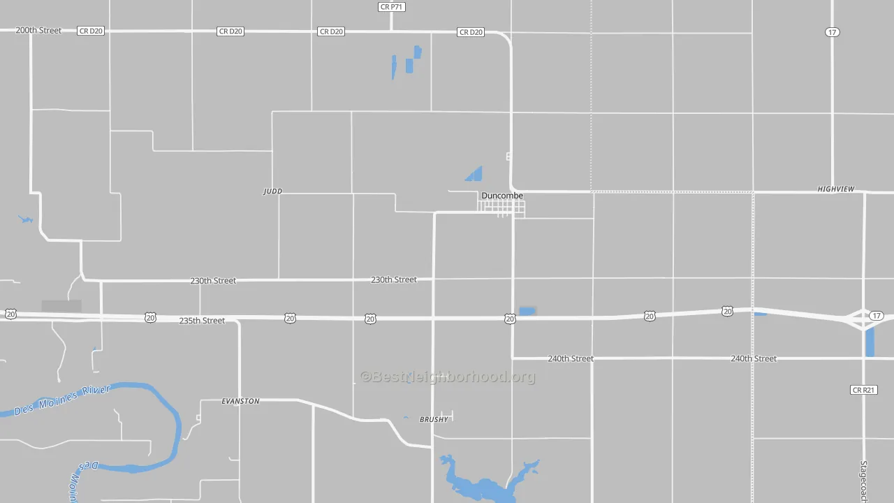 Walk Grade map of Duncombe, IA, walkable areas in green and car-dependent areas in red