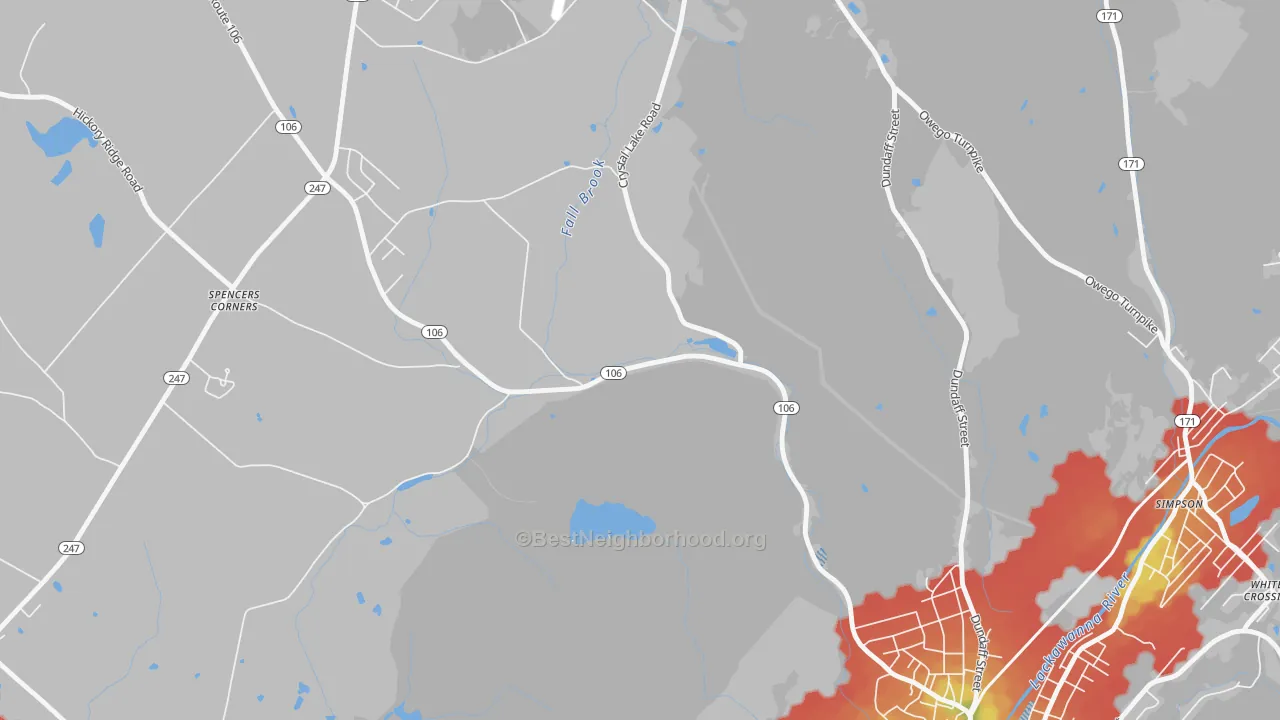 Walk Grade map of Dundaff, PA, walkable areas in green and car-dependent areas in red