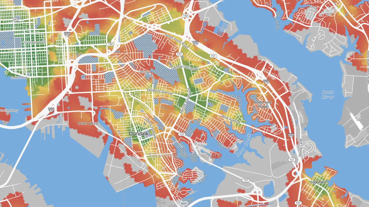 Walk Grade map of Dundalk, MD, walkable areas in green and car-dependent areas in red