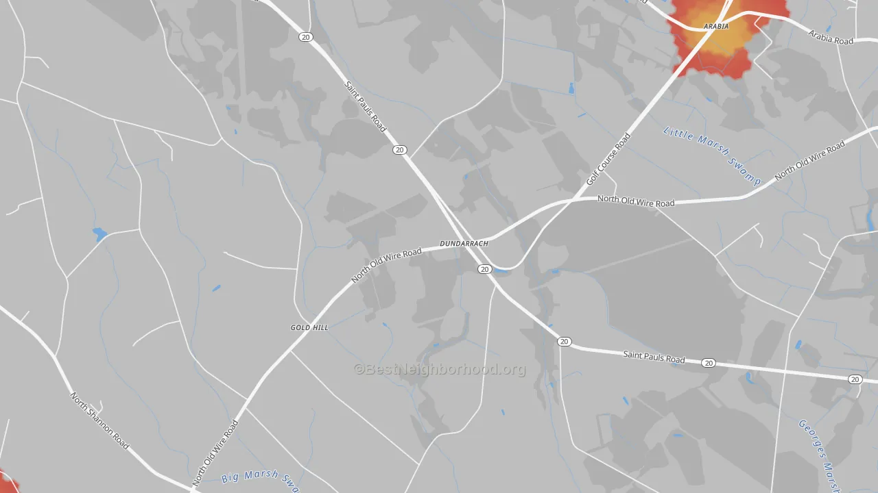 Walk Grade map of Dundarrach, NC, walkable areas in green and car-dependent areas in red