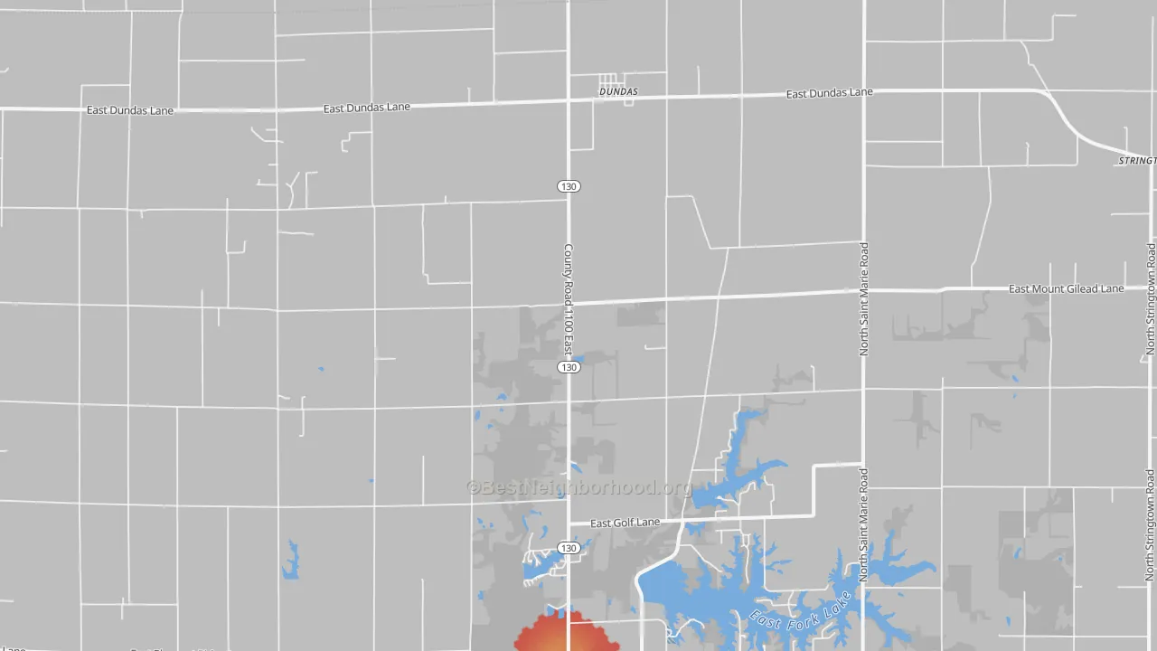 Walk Grade map of Dundas, IL, walkable areas in green and car-dependent areas in red