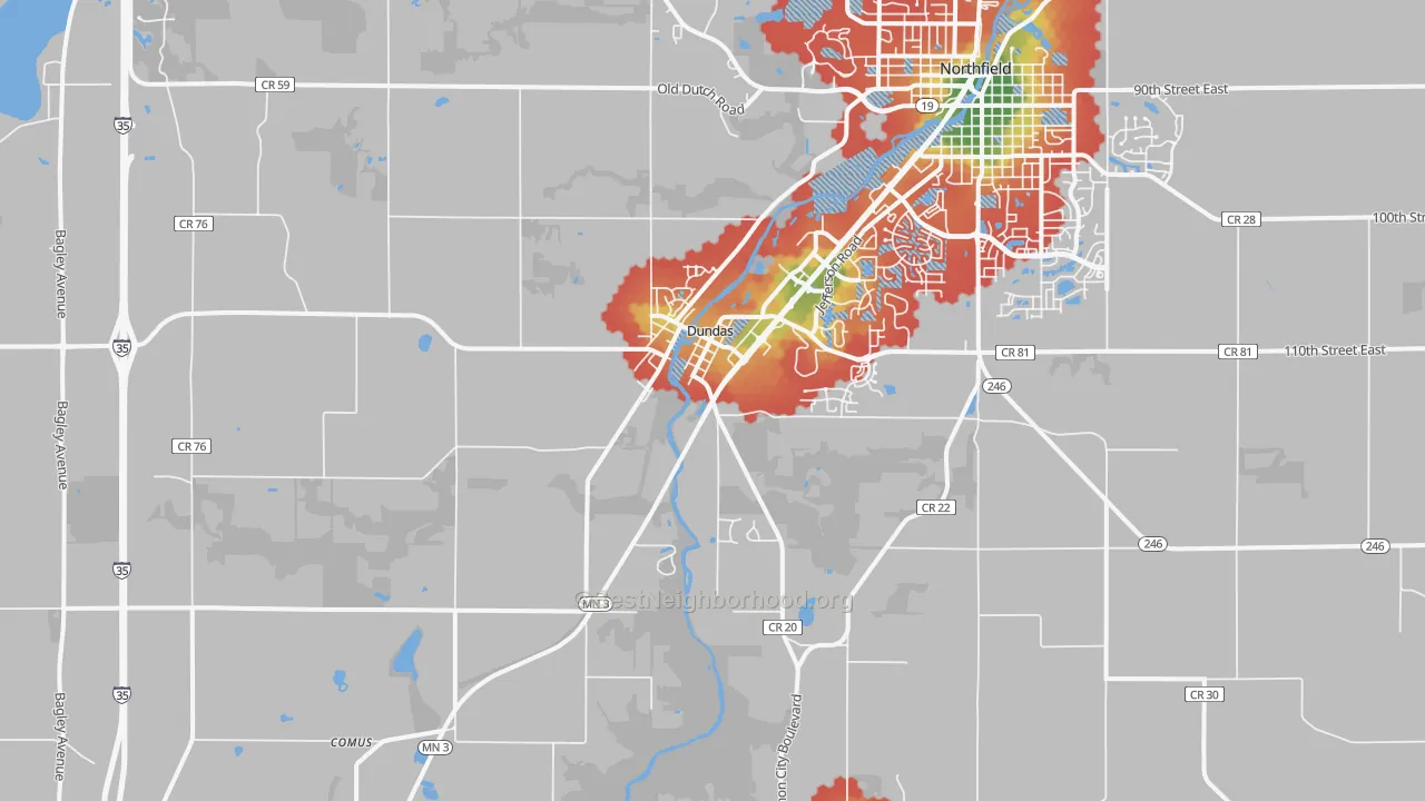Walk Grade map of Dundas, MN, walkable areas in green and car-dependent areas in red