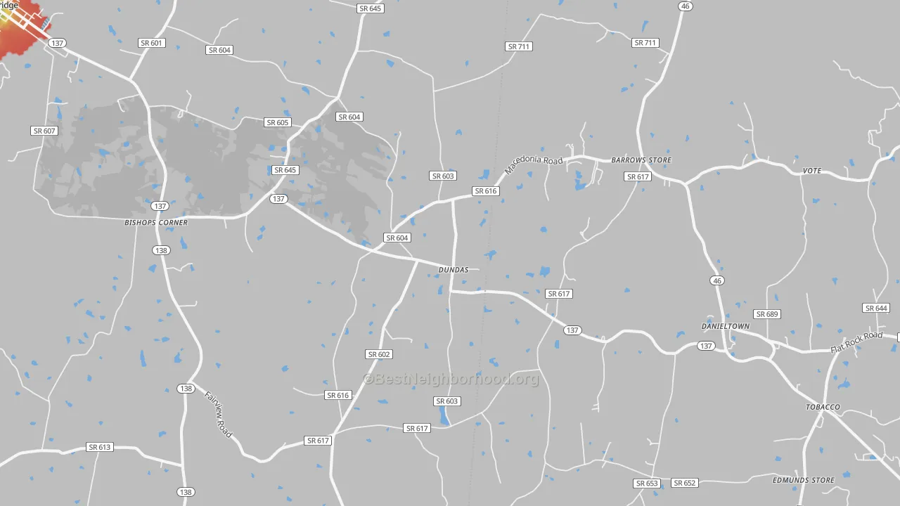 Walk Grade map of Dundas, VA, walkable areas in green and car-dependent areas in red