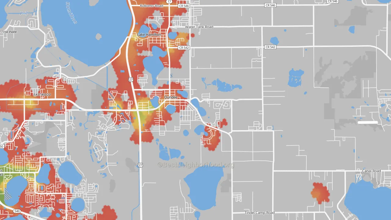 Walk Grade map of Dundee, FL, walkable areas in green and car-dependent areas in red
