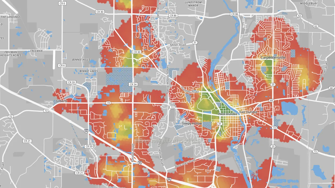 Walk Grade map of Dundee, IL, walkable areas in green and car-dependent areas in red