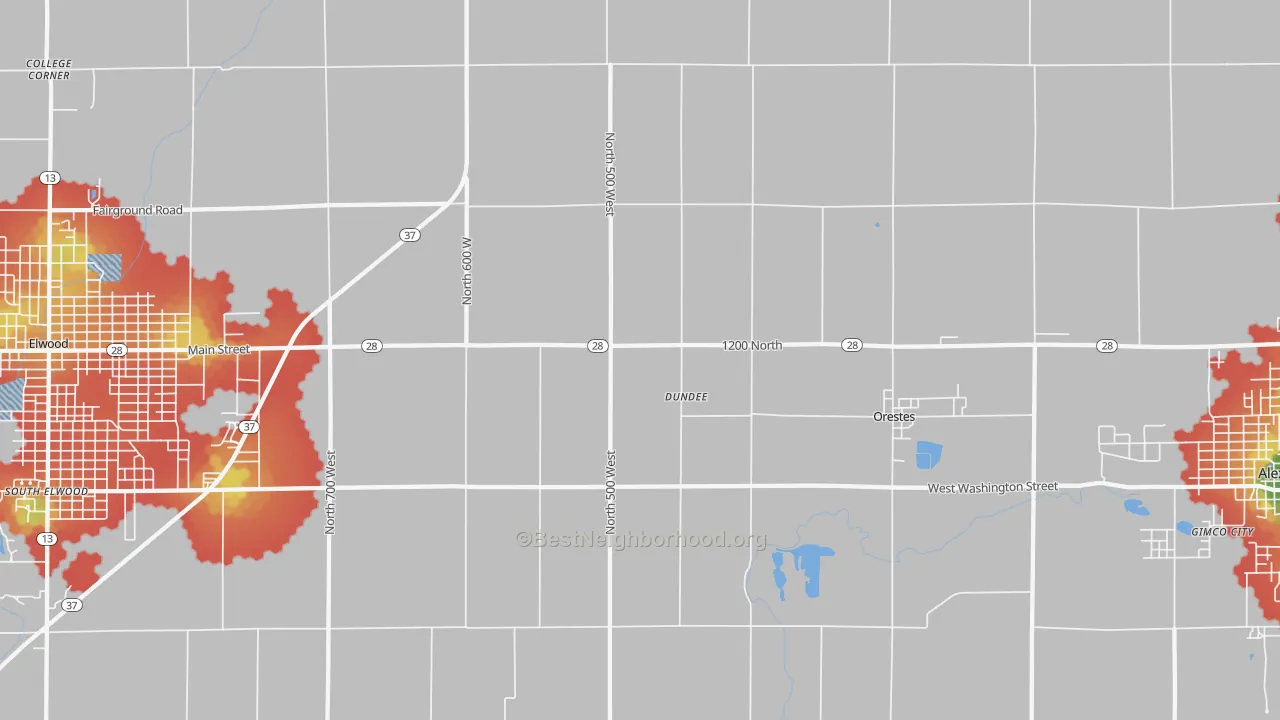 Walk Grade map of Dundee, IN, walkable areas in green and car-dependent areas in red