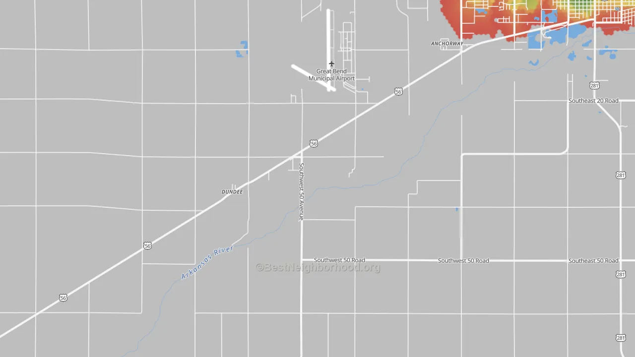 Walk Grade map of Dundee, KS, walkable areas in green and car-dependent areas in red
