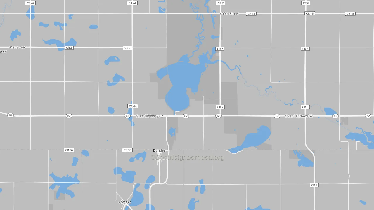 Walk Grade map of Dundee, MN, walkable areas in green and car-dependent areas in red