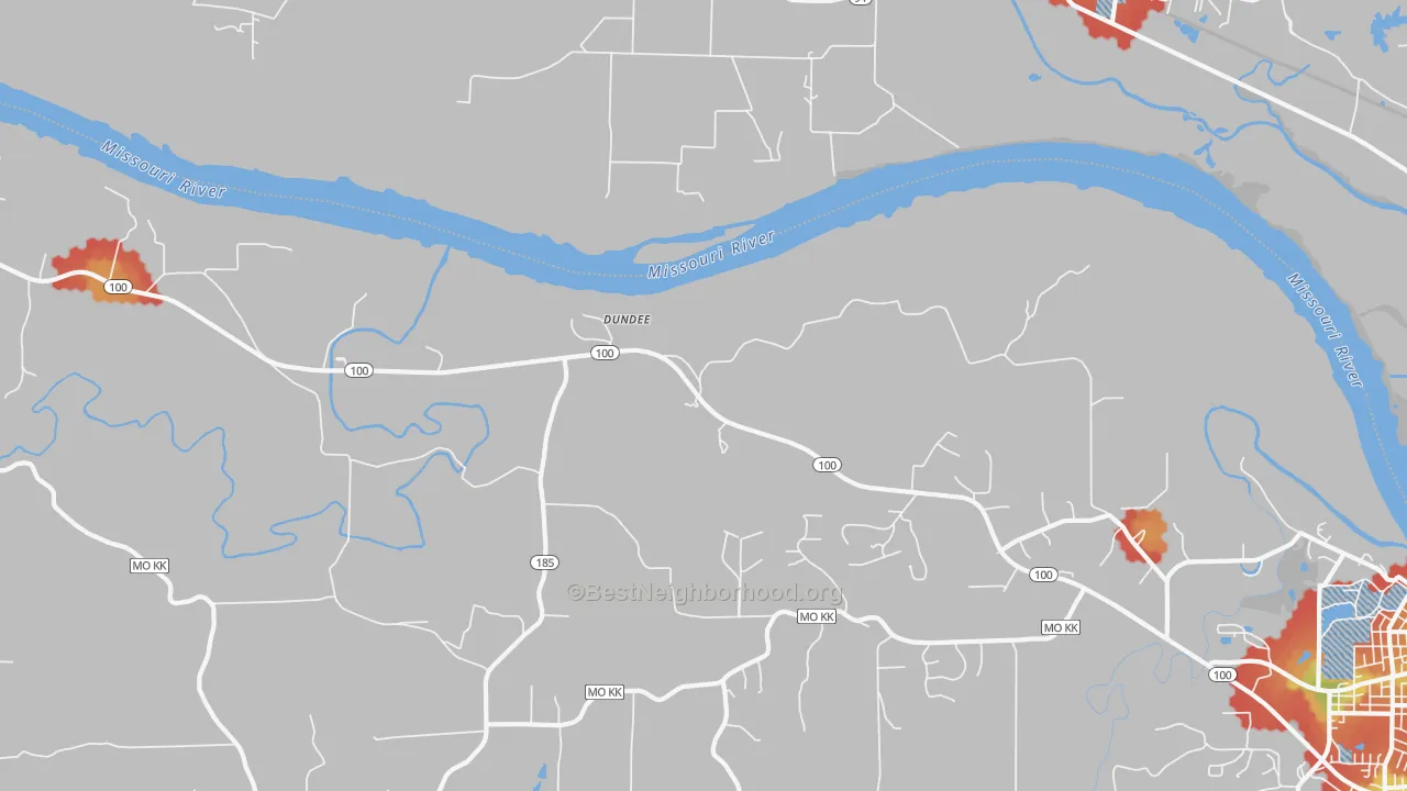 Walk Grade map of Dundee, MO, walkable areas in green and car-dependent areas in red
