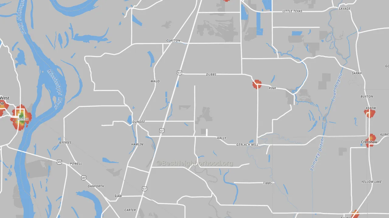 Walk Grade map of Dundee, MS, walkable areas in green and car-dependent areas in red