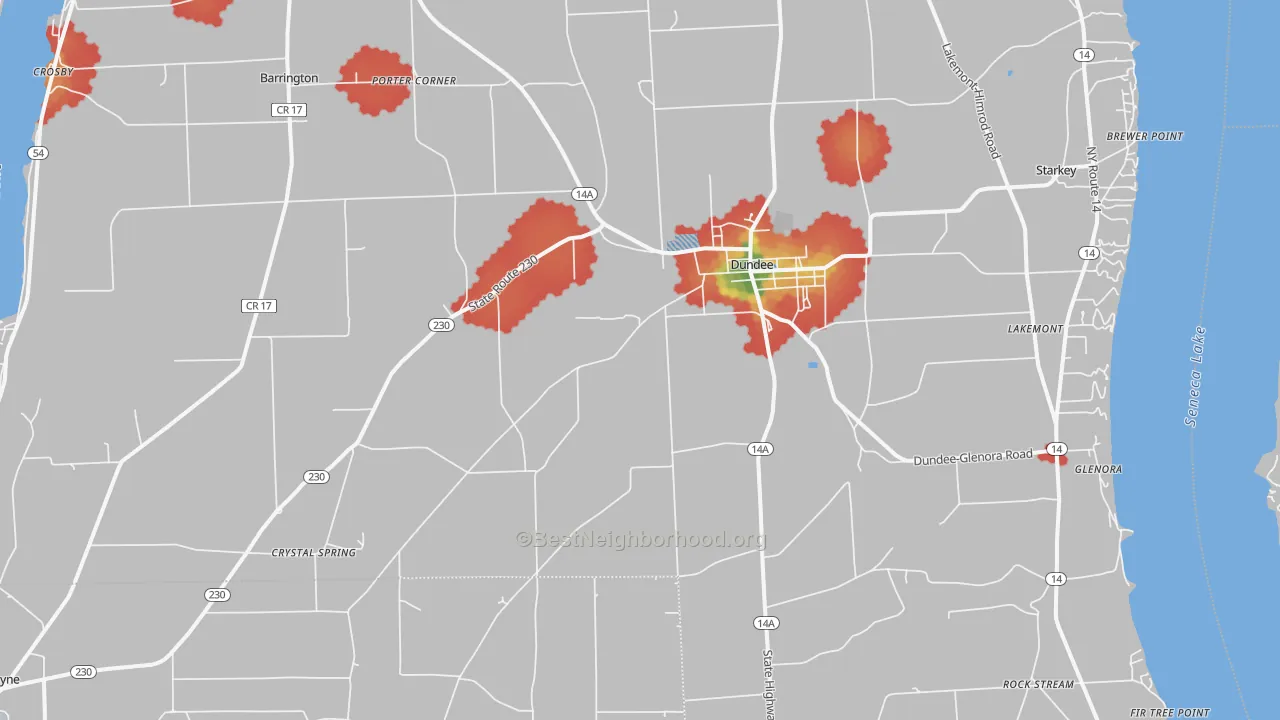 Walk Grade map of Dundee, NY, walkable areas in green and car-dependent areas in red