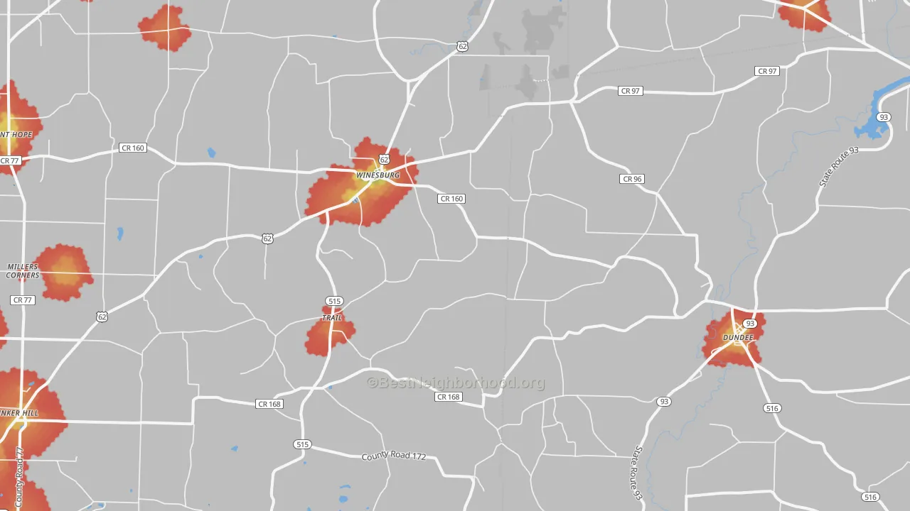 Walk Grade map of Dundee, OH, walkable areas in green and car-dependent areas in red