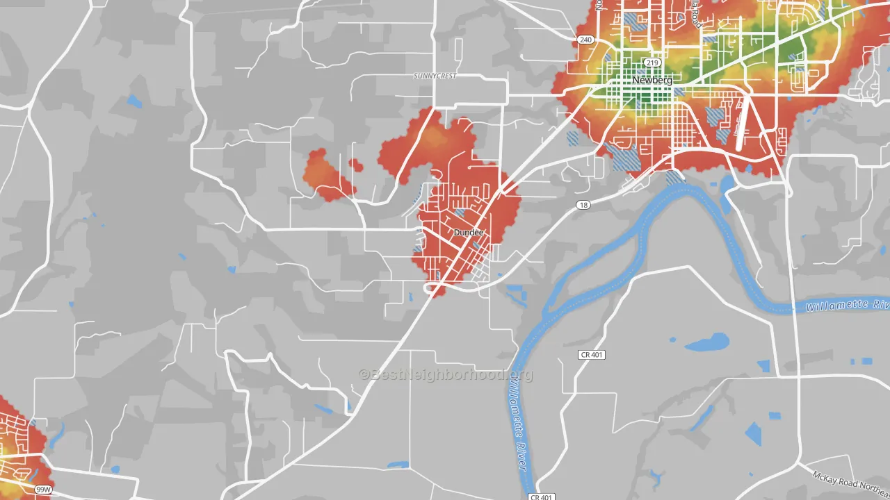 Walk Grade map of Dundee, OR, walkable areas in green and car-dependent areas in red