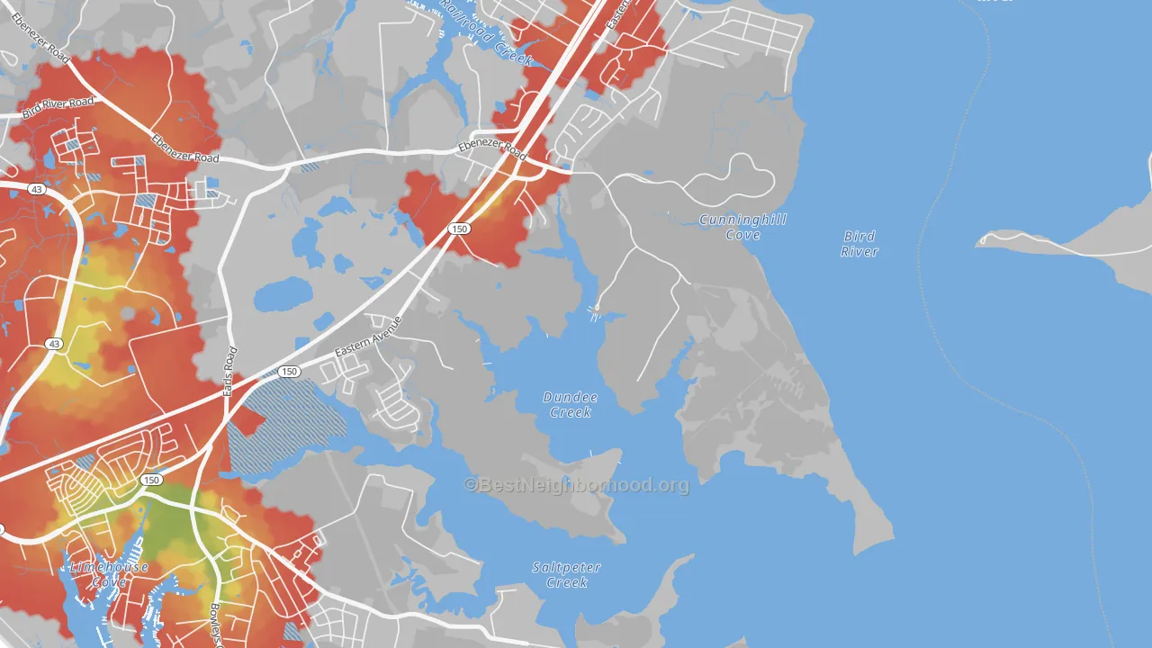 Walk Grade map of Dundee Village, MD, walkable areas in green and car-dependent areas in red