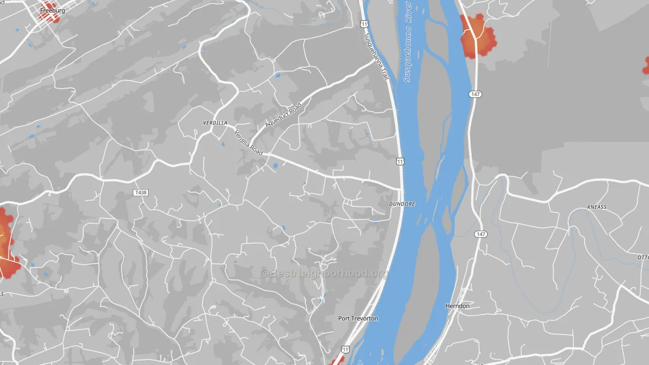Walk Grade map of Dundore, PA, walkable areas in green and car-dependent areas in red