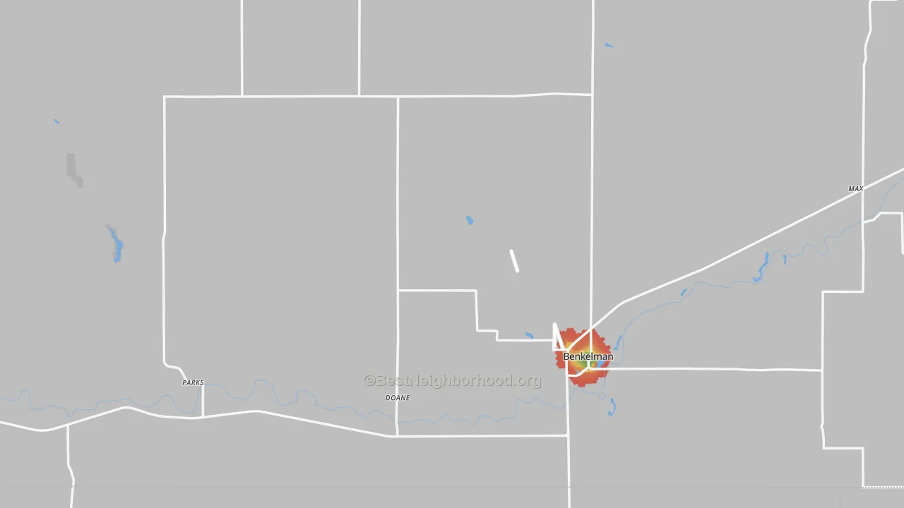 Walk Grade map of Dundy County, NE, walkable areas in green and car-dependent areas in red