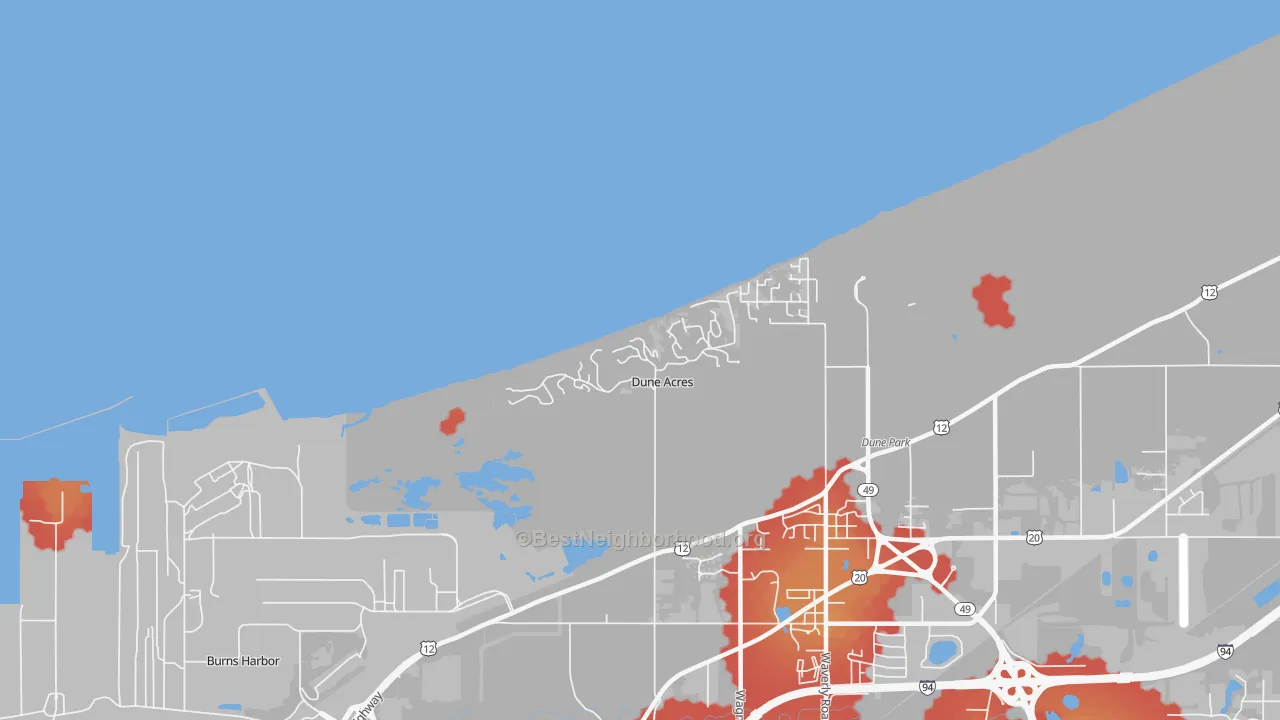 Walk Grade map of Dune Acres, IN, walkable areas in green and car-dependent areas in red