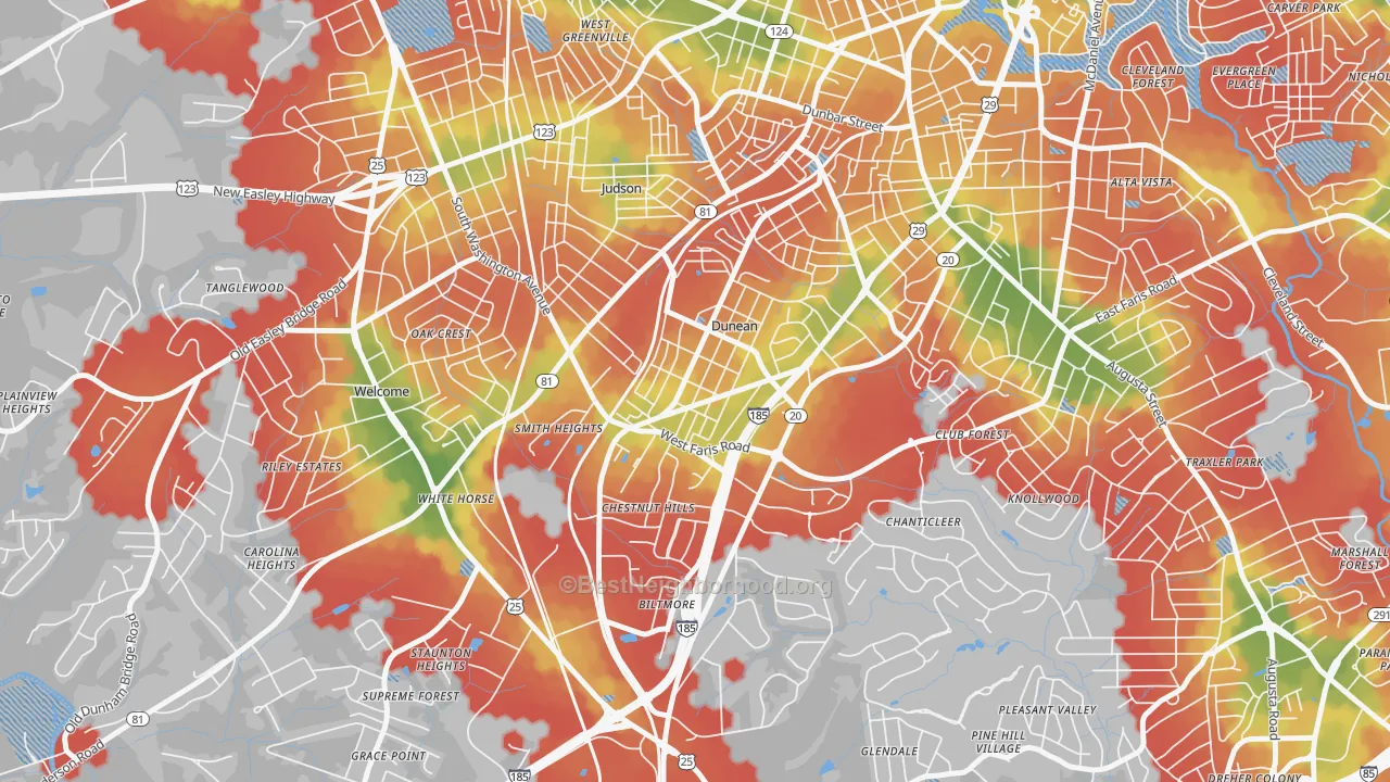 Walk Grade map of Dunean, SC, walkable areas in green and car-dependent areas in red