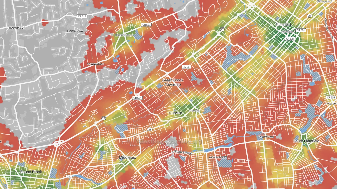 Walk Grade map of Dunellen, NJ, walkable areas in green and car-dependent areas in red