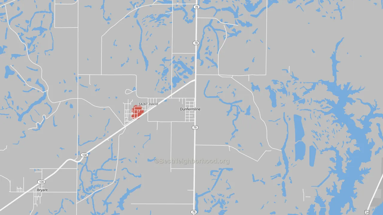 Walk Grade map of Dunfermline, IL, walkable areas in green and car-dependent areas in red