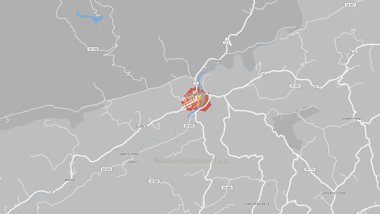 Walk Grade map of Dungannon, VA, walkable areas in green and car-dependent areas in red