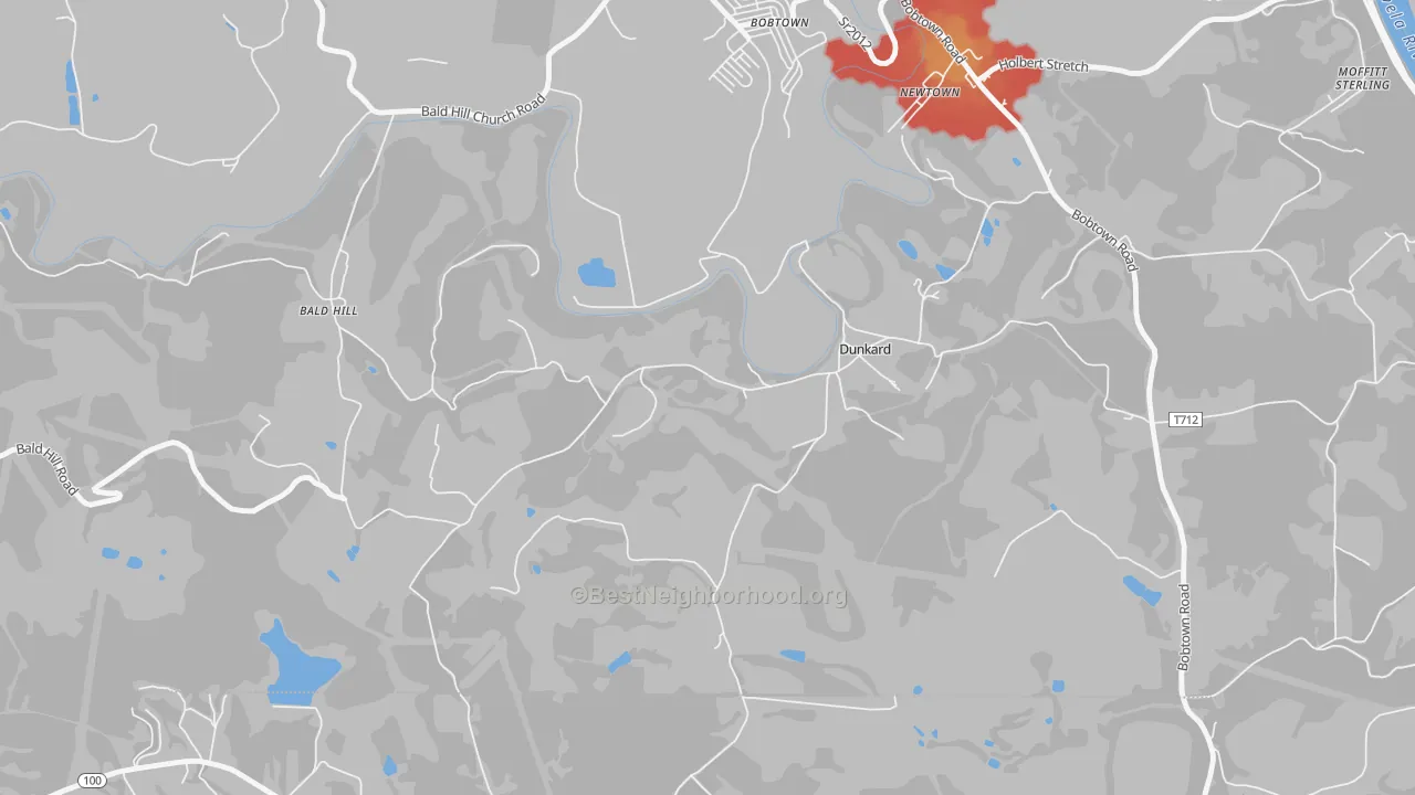 Walk Grade map of Dunkard, PA, walkable areas in green and car-dependent areas in red
