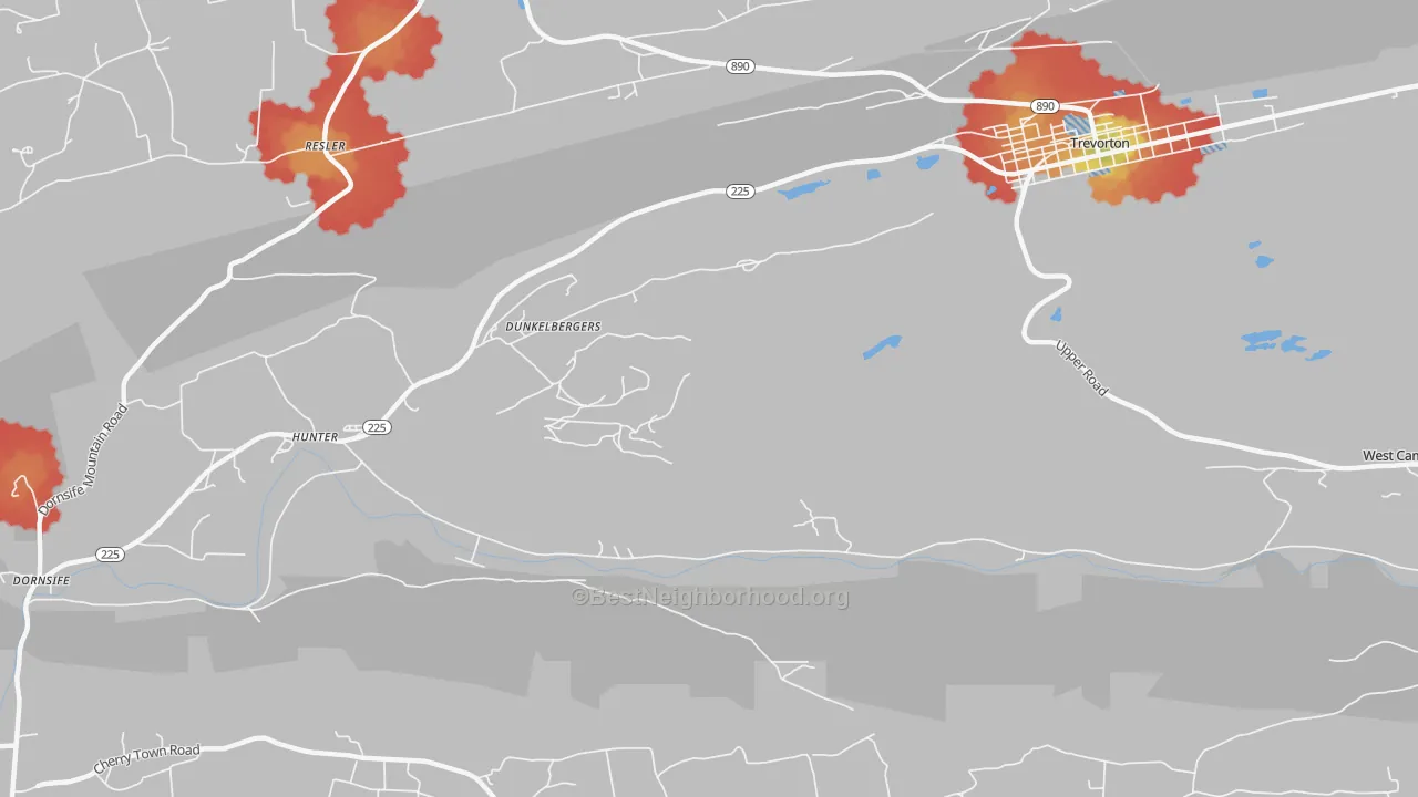 Walk Grade map of Dunkelbergers, PA, walkable areas in green and car-dependent areas in red