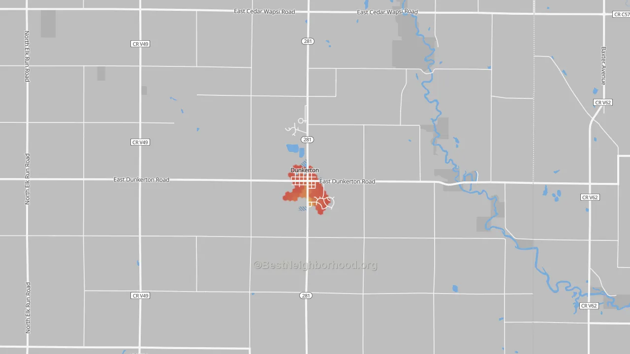 Walk Grade map of Dunkerton, IA, walkable areas in green and car-dependent areas in red