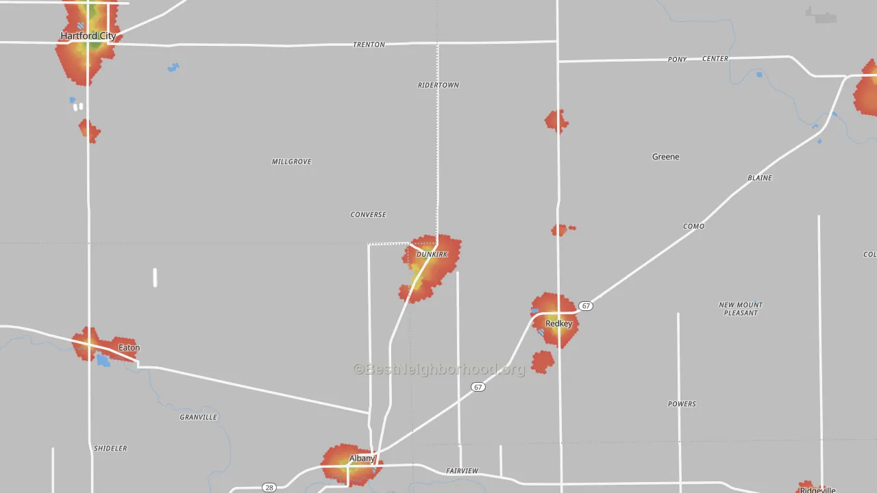 Walk Grade map of Dunkirk, IN, walkable areas in green and car-dependent areas in red