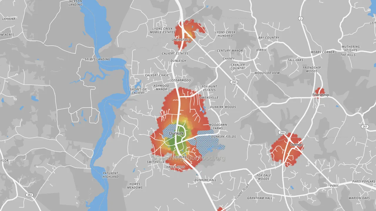Walk Grade map of Dunkirk, MD, walkable areas in green and car-dependent areas in red