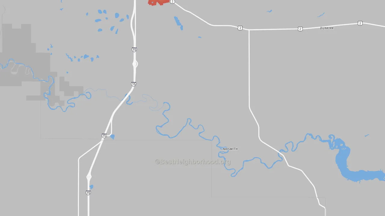 Walk Grade map of Dunkirk, MT, walkable areas in green and car-dependent areas in red