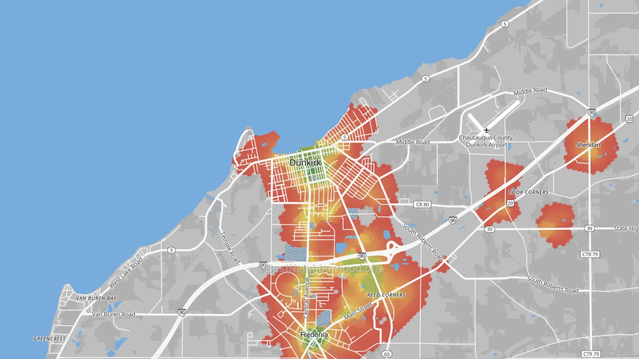 Walk Grade map of Dunkirk, NY, walkable areas in green and car-dependent areas in red