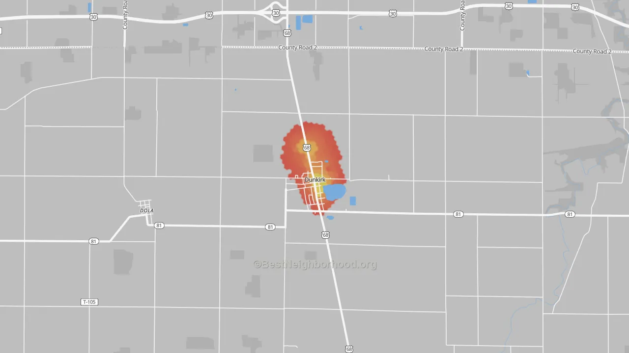 Walk Grade map of Dunkirk, OH, walkable areas in green and car-dependent areas in red