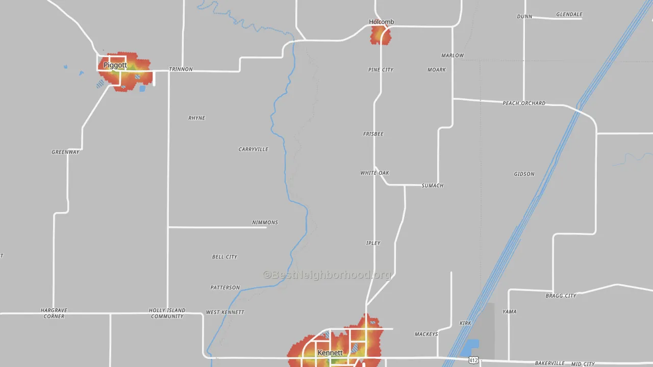 Walk Grade map of Dunklin County, MO, walkable areas in green and car-dependent areas in red