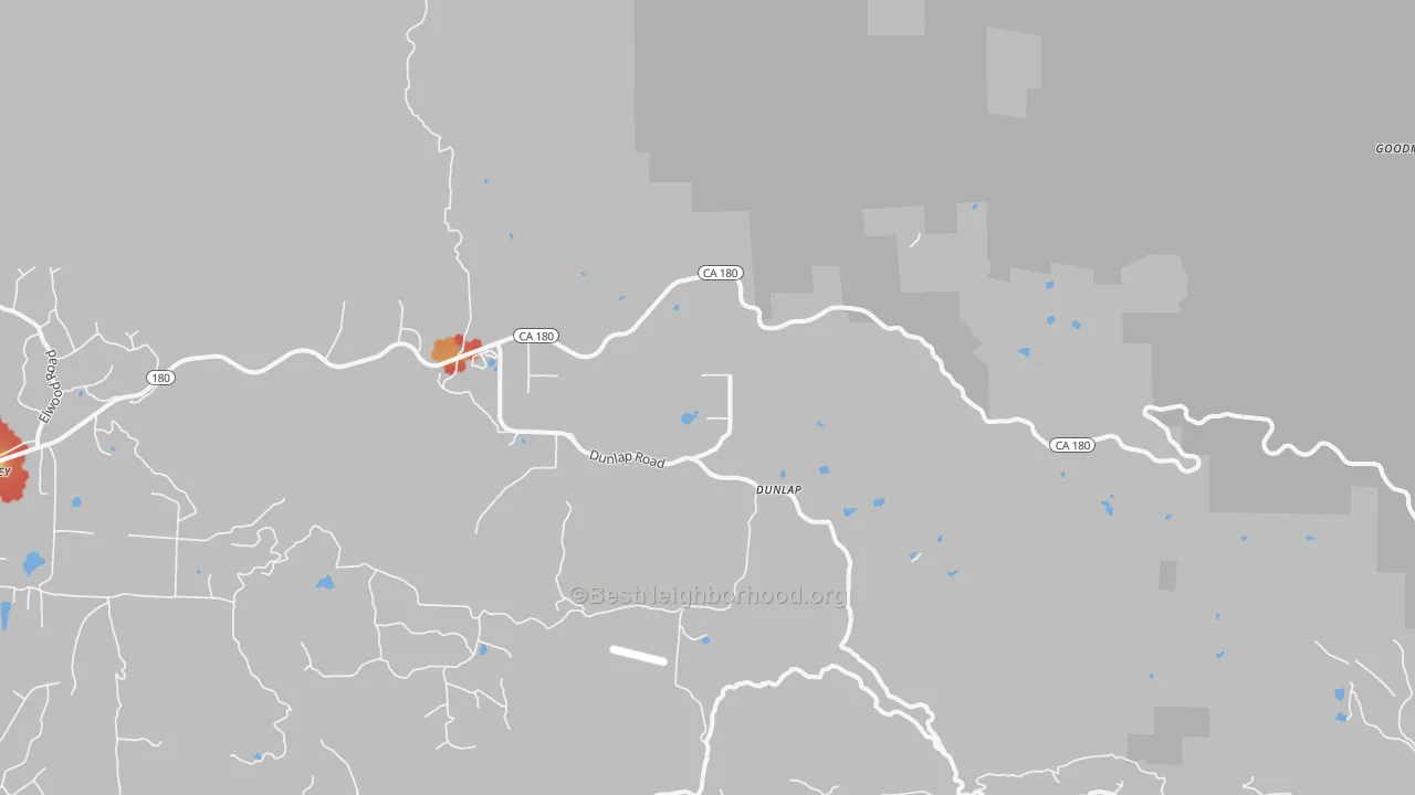 Walk Grade map of Dunlap, CA, walkable areas in green and car-dependent areas in red