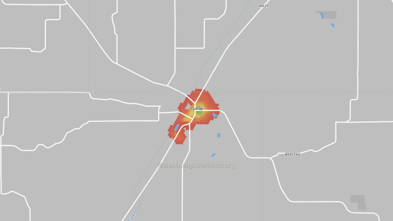 Walk Grade map of Dunlap, IA, walkable areas in green and car-dependent areas in red