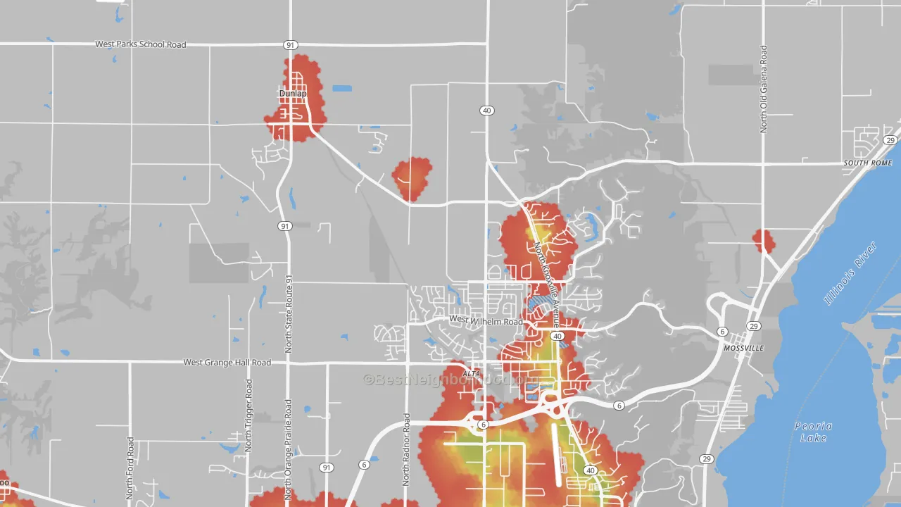 Walk Grade map of Dunlap, IL, walkable areas in green and car-dependent areas in red
