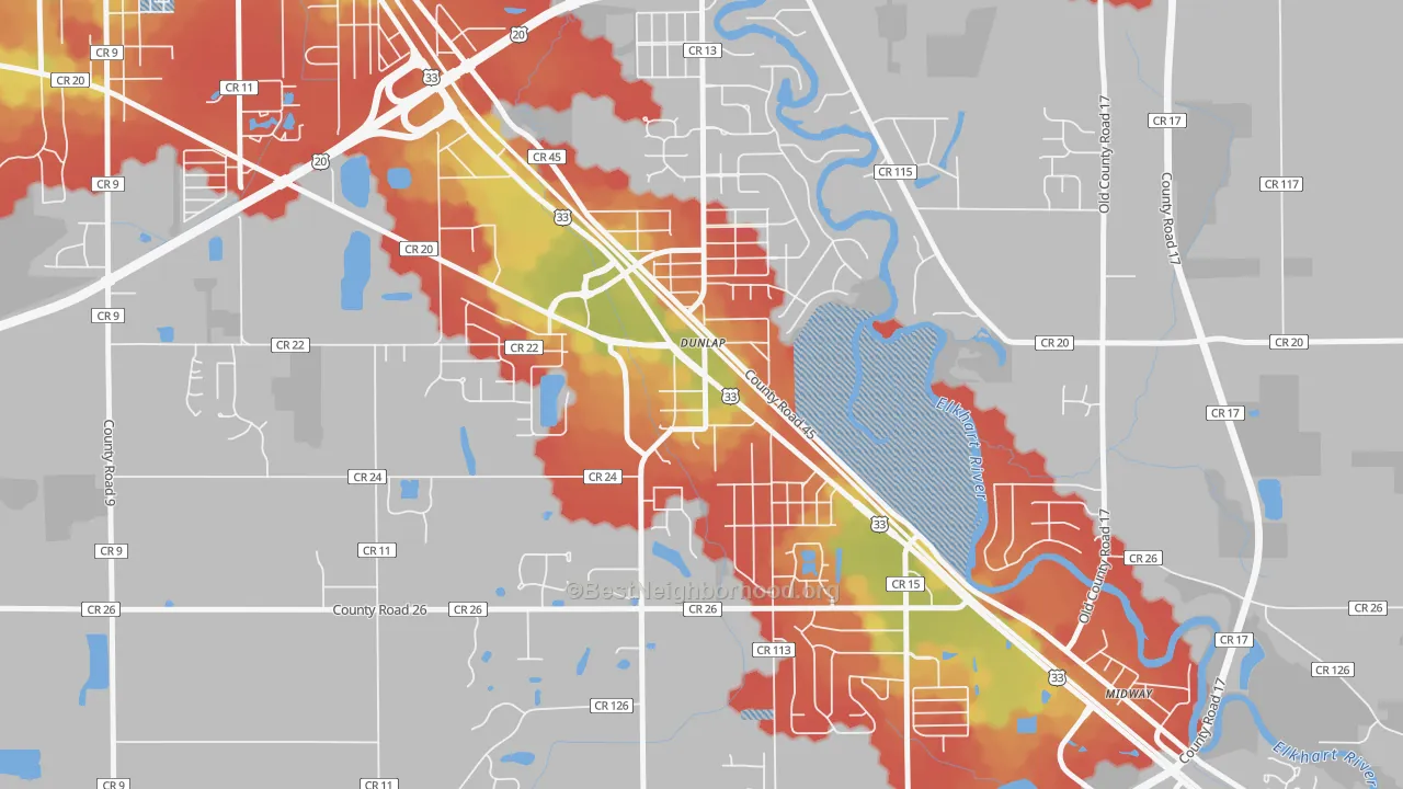 Walk Grade map of Dunlap, IN, walkable areas in green and car-dependent areas in red