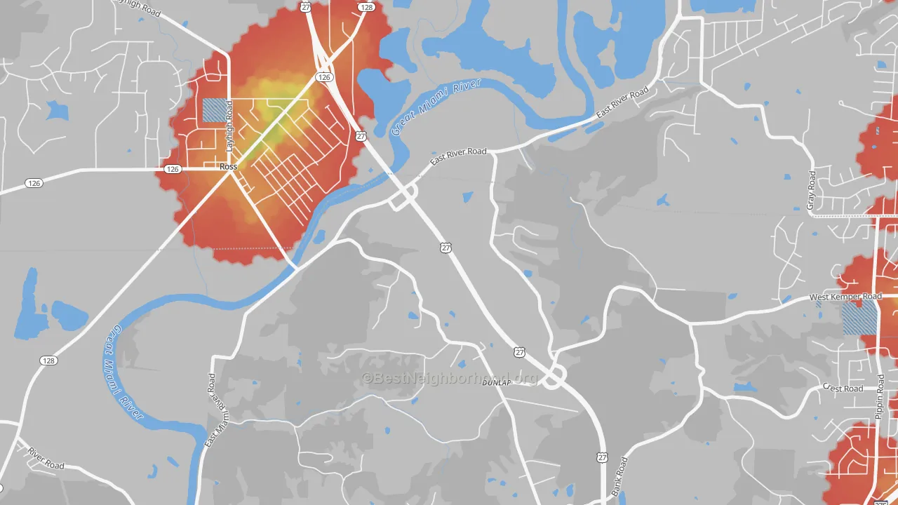 Walk Grade map of Dunlap, OH, walkable areas in green and car-dependent areas in red