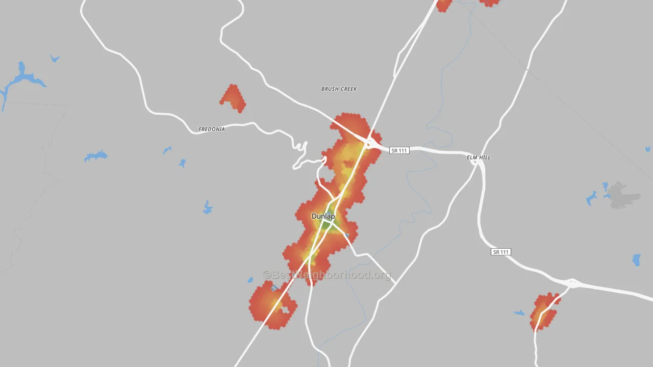 Walk Grade map of Dunlap, TN, walkable areas in green and car-dependent areas in red