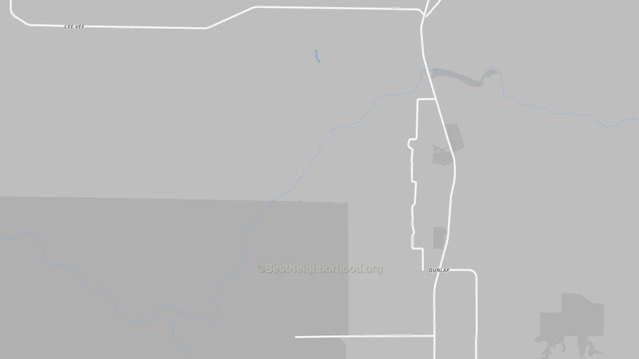 Walk Grade map of Dunlap, TX, walkable areas in green and car-dependent areas in red