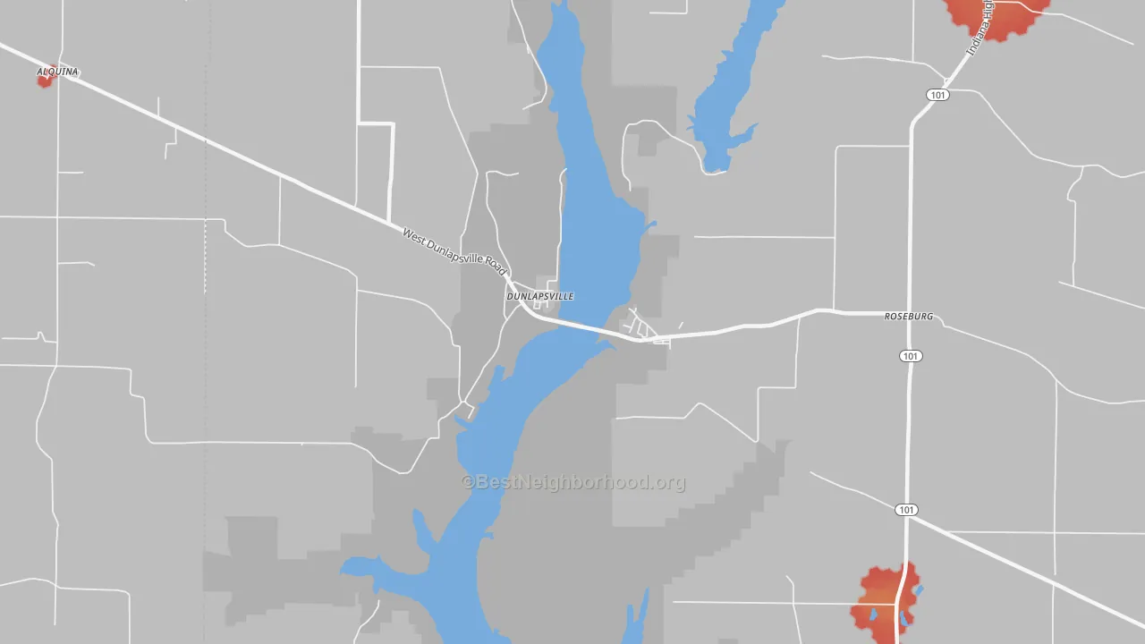 Walk Grade map of Dunlapsville, IN, walkable areas in green and car-dependent areas in red