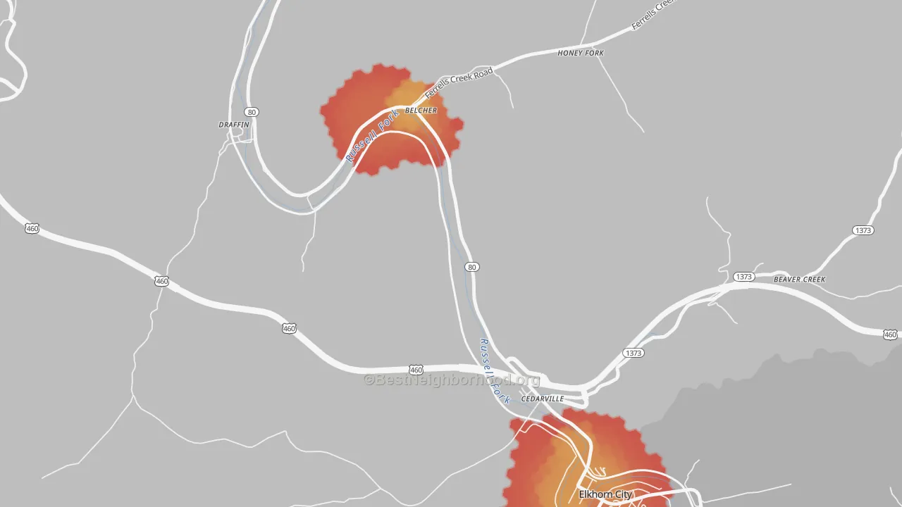 Walk Grade map of Dunleary, KY, walkable areas in green and car-dependent areas in red