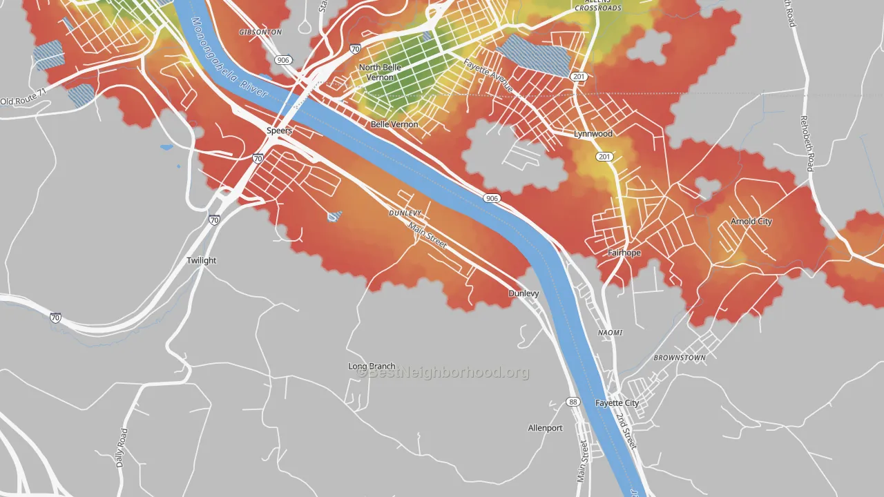 Walk Grade map of Dunlevy, PA, walkable areas in green and car-dependent areas in red