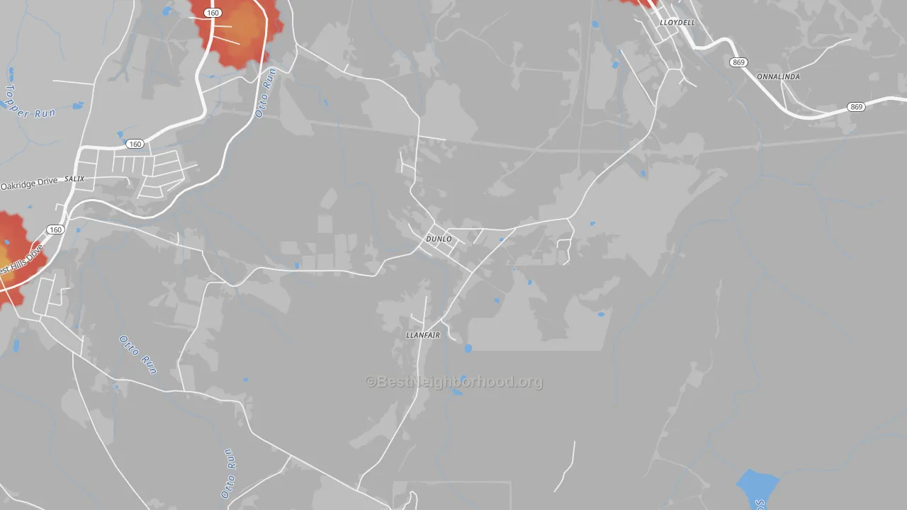 Walk Grade map of Dunlo, PA, walkable areas in green and car-dependent areas in red