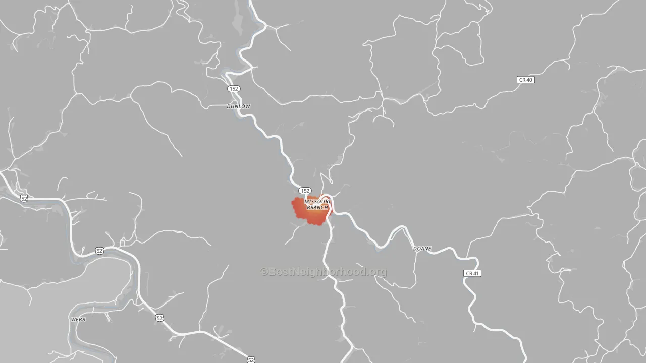 Walk Grade map of Dunlow, WV, walkable areas in green and car-dependent areas in red