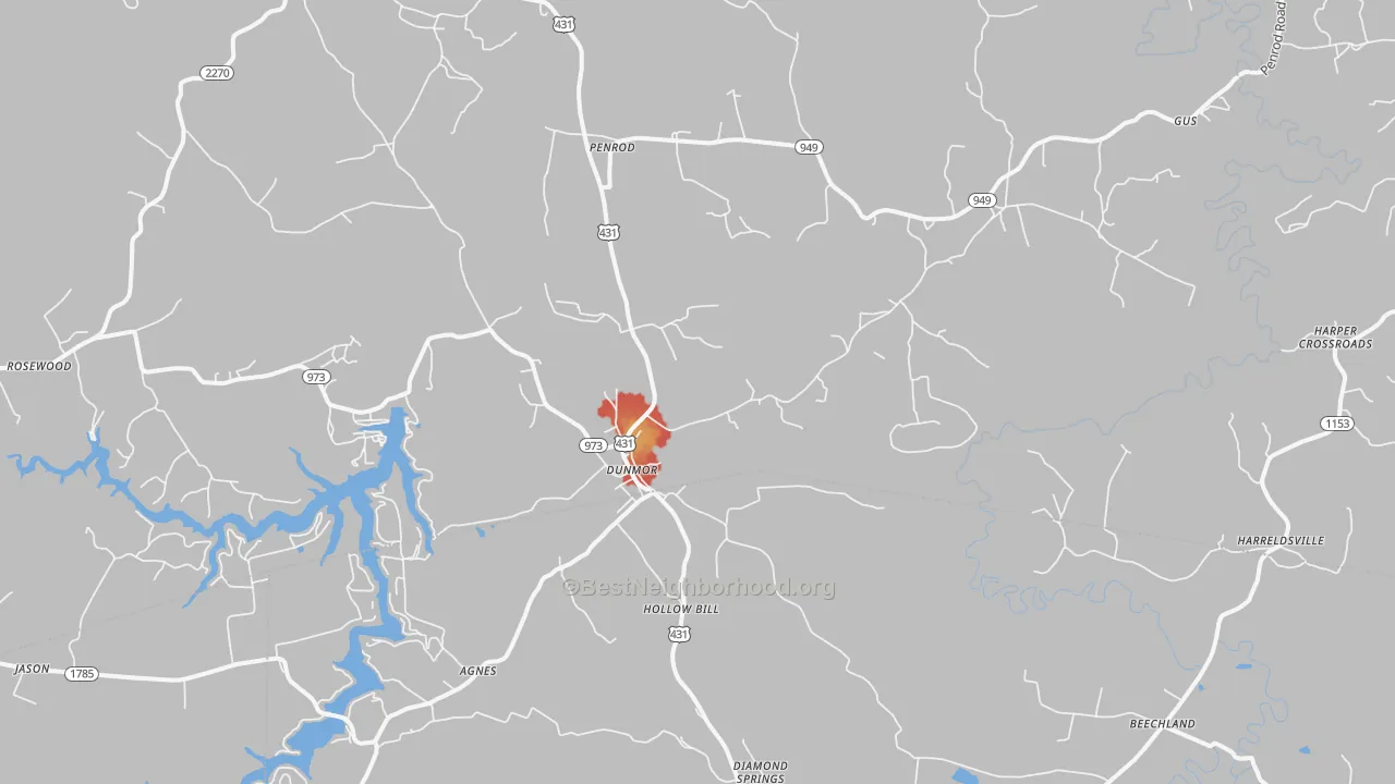 Walk Grade map of Dunmor, KY, walkable areas in green and car-dependent areas in red