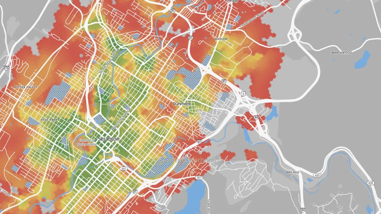 Walk Grade map of Dunmore, PA, walkable areas in green and car-dependent areas in red