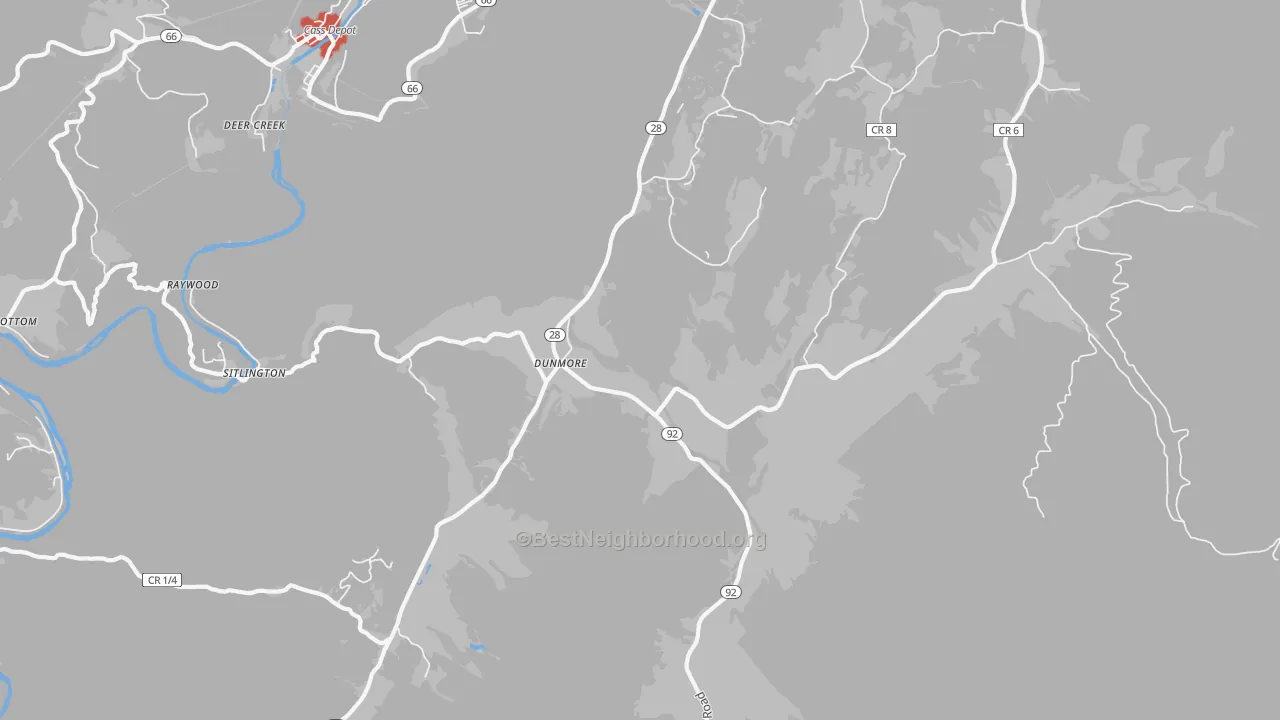 Walk Grade map of Dunmore, WV, walkable areas in green and car-dependent areas in red