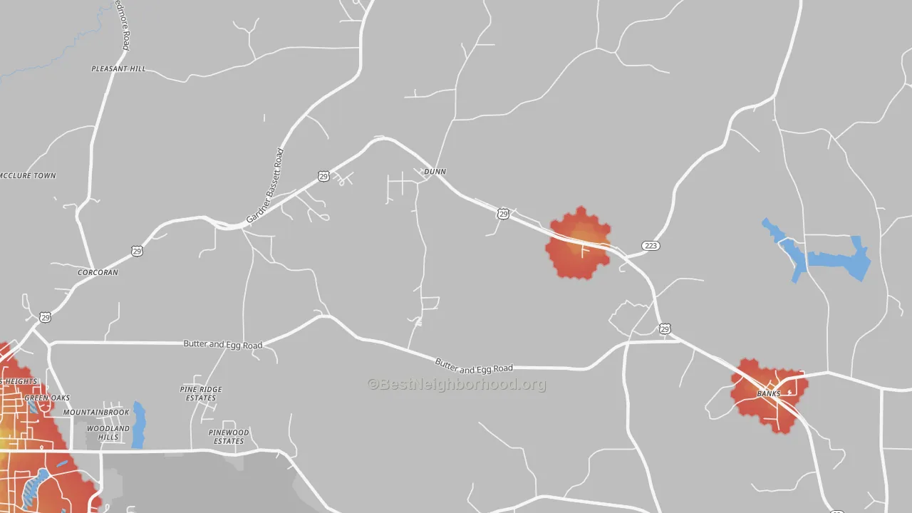 Walk Grade map of Dunn, AL, walkable areas in green and car-dependent areas in red